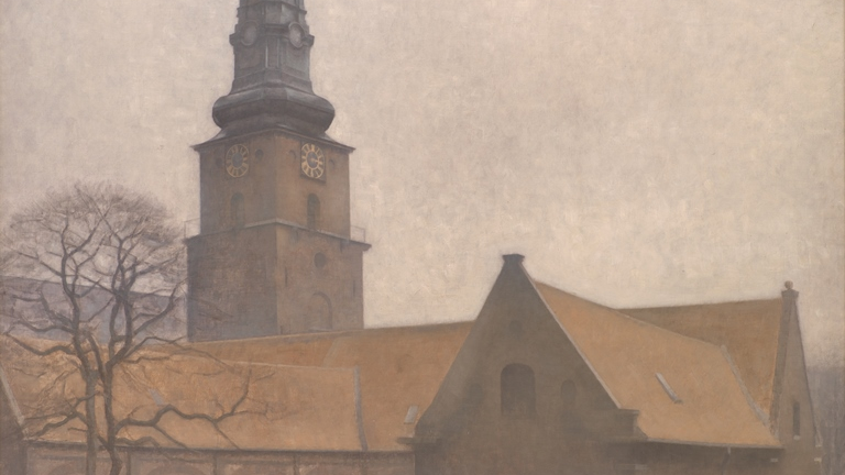 One of the artist's works: picture of the church with high tower