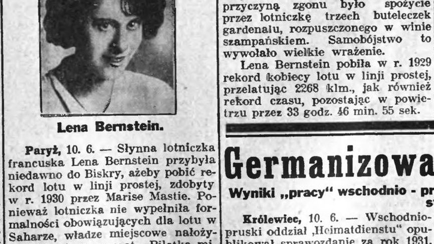 Czarno-biały przedruk artykułu w gazecie ze zdjęciem kobiety w lewym górnym rogu.