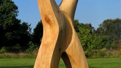 Abstrakcyjna rzeźba z materiału przypominającego drewno, stoi w plenerze, otoczona drzewami.