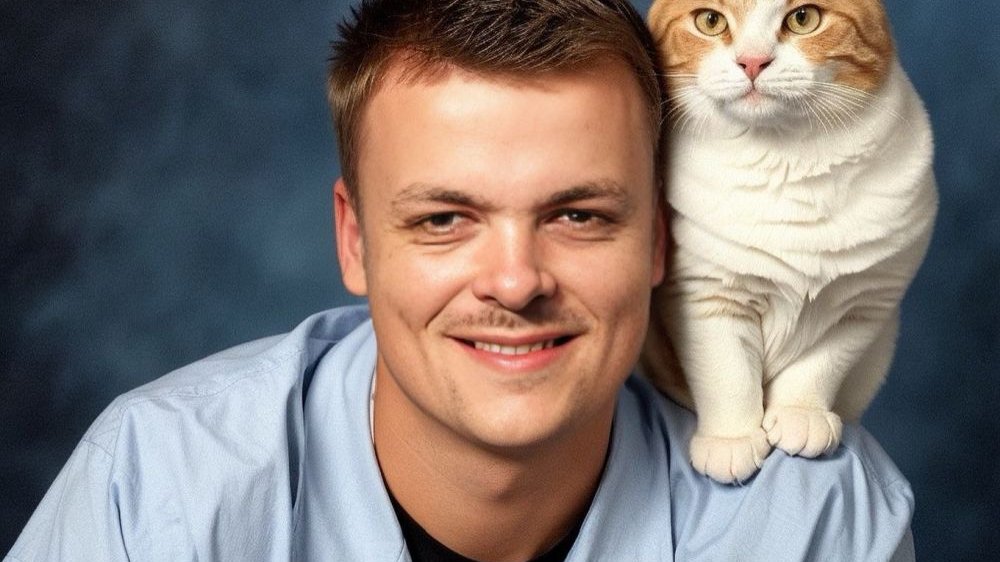 Uśmiechnięty mężczyzna w błękitnej koszuli z siedzącym mu na ramieniu biało-rudym kotem.