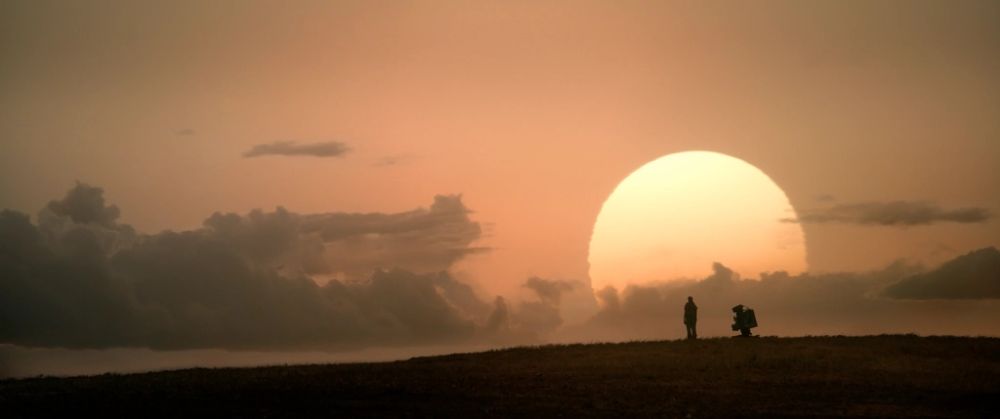 Zachód słońca, na jego tle horyzont z zarysowanymi postacią ludzką i robotem. - grafika artykułu