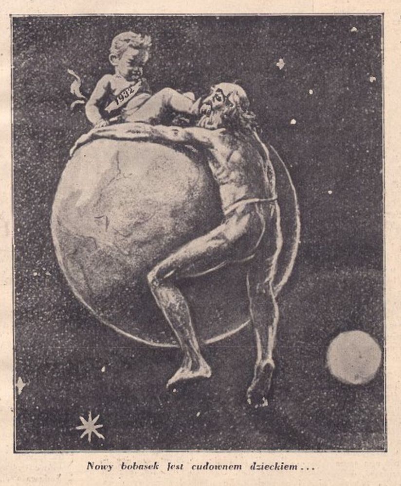 Czarno-biała rycina przedstawiająca starca i dziecko na kuli ziemskiej w kosmosie. - grafika artykułu