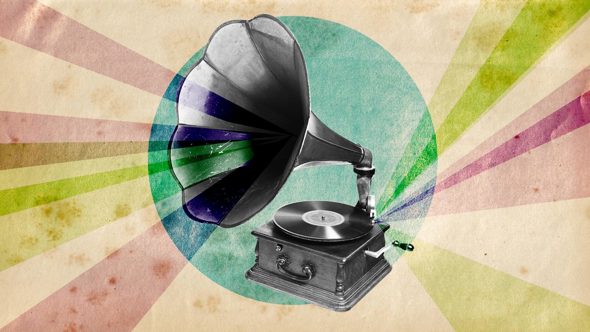 Staroświecki gramofon z wielką tubą, za nim kolorowe, świetliste tło. - grafika artykułu