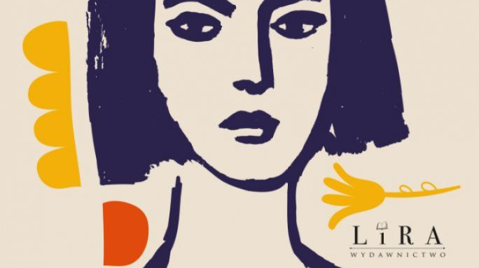 Biała okładka książki z rysunkowym motywem twarzy kobiety w kolorze granatowym i żółtymi oraz pomarańczowymi elementami dookoła niej.